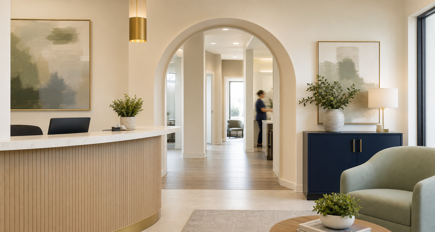 A calm Crescent House reception area with an arched hallway