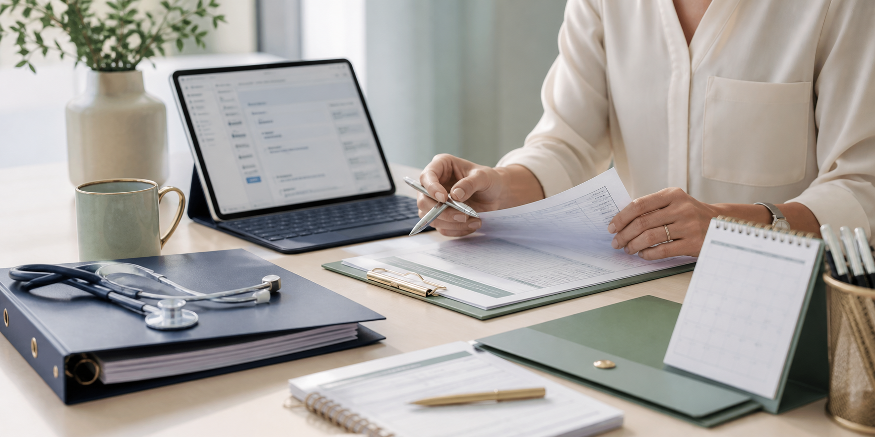 Healthcare paperwork, tablet, calendar, and stethoscope arranged on a work surface